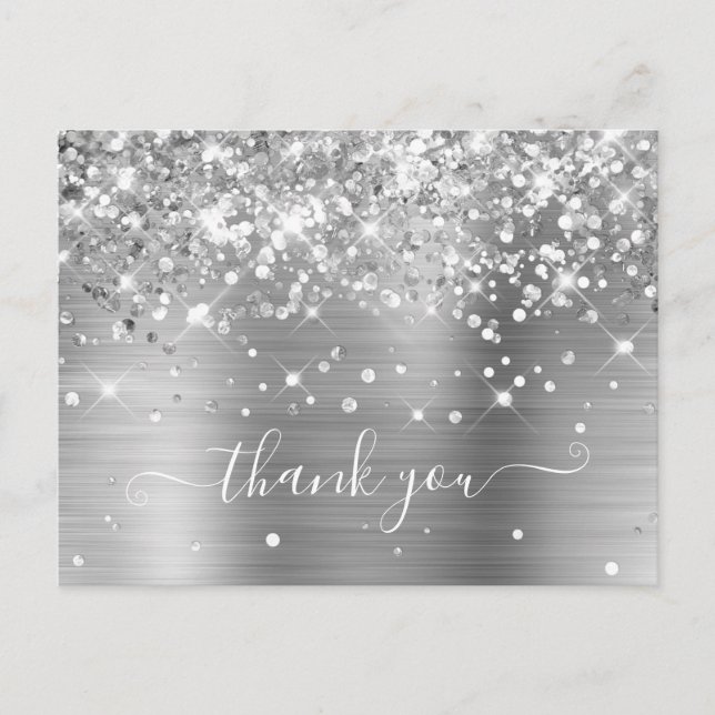 Glittery Silver Foil Modern Girl Vielen Dank Postkarte (Vorderseite)