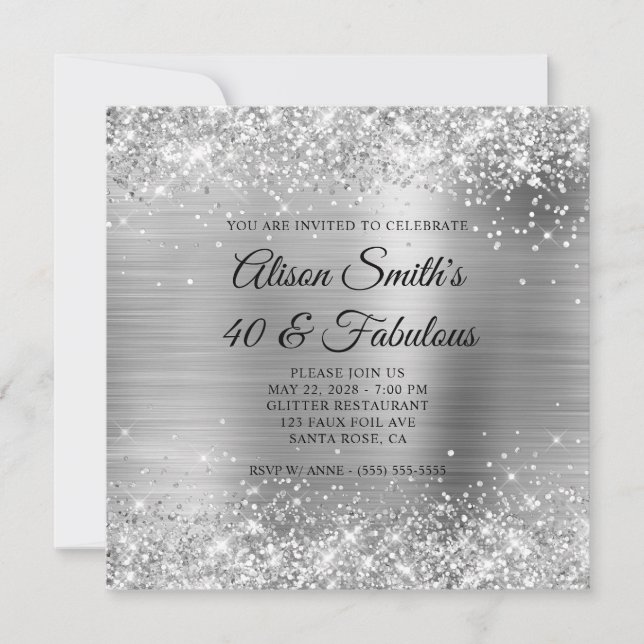 Glittery Silver Foil Monogram 40 & Fabulous Einladung (Vorderseite)