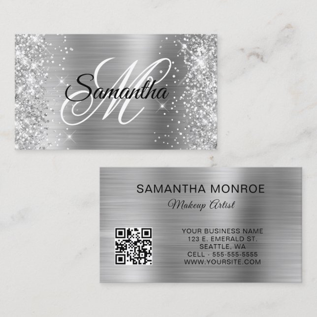 Glittery Silver Foil Monogram QR Code Visitenkarte (Vorne/Hinten)