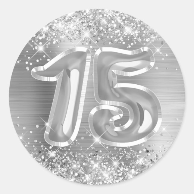 Glittery Silver Foil Number 15 Birthday Runder Aufkleber (Vorderseite)