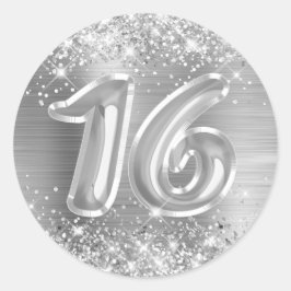 Glittery Silver Foil Number 16 Birthday Runder Aufkleber