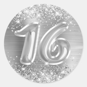 Glittery Silver Foil Number 16 Birthday Runder Aufkleber