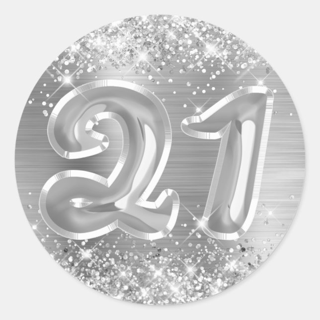 Glittery Silver Foil Number 21 Birthday Runder Aufkleber (Vorderseite)