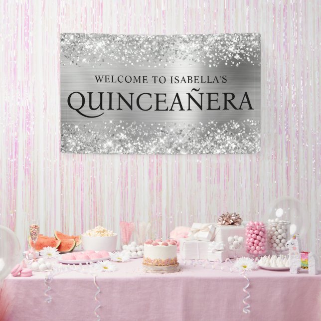Glittery Silver Foil Quinceanera All Caps Willkomm Banner (Party)