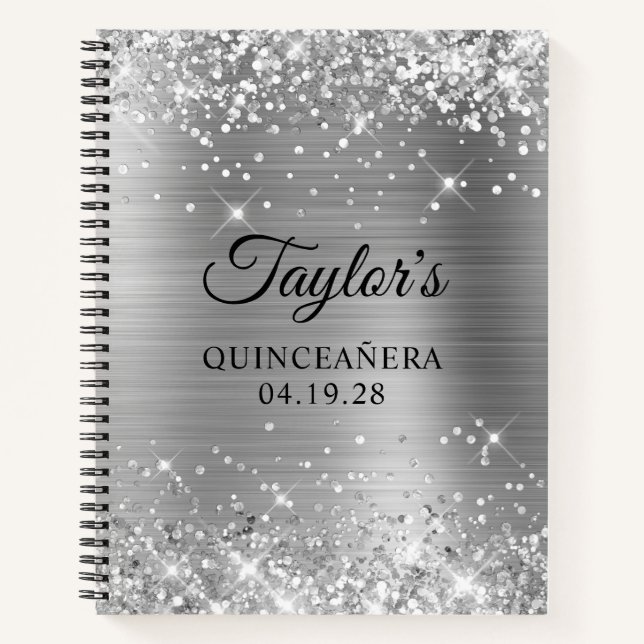 Glittery Silver Foil Quinceanera Guest Notizbuch (Vorderseite)