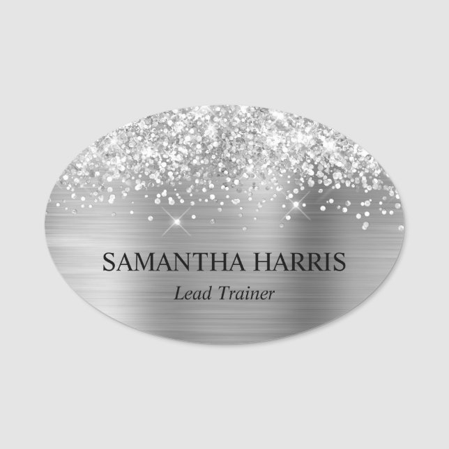 Glittery Silver Foil Rectangle Logo Namensschild (Vorderseite)