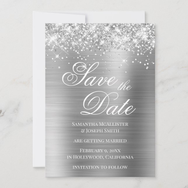 Glittery Silver Foil Save the Date Einladung (Vorderseite)