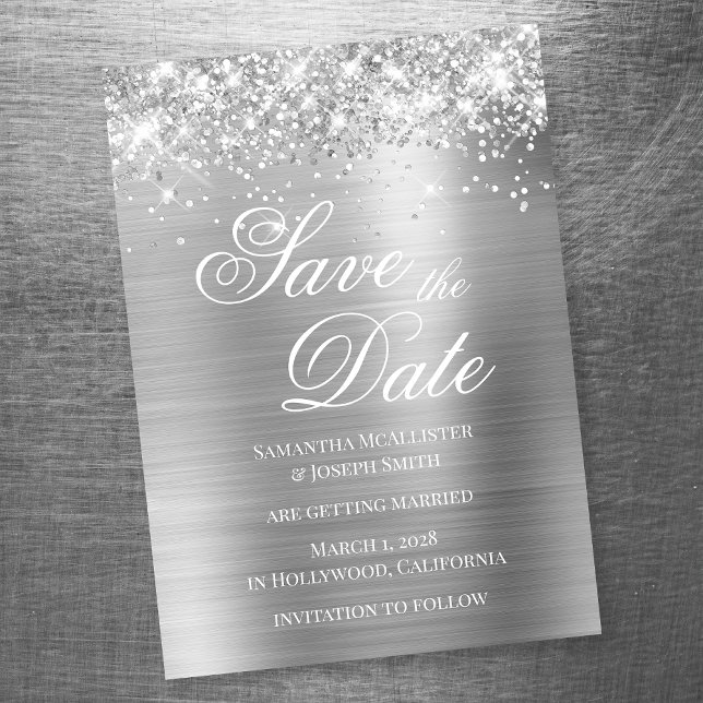 Glittery Silver Foil Save the Date Magneteinladung (Von Creator hochgeladen)