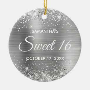 Glittery Silver Foil Sweet 16 Birthday Keramik Ornament