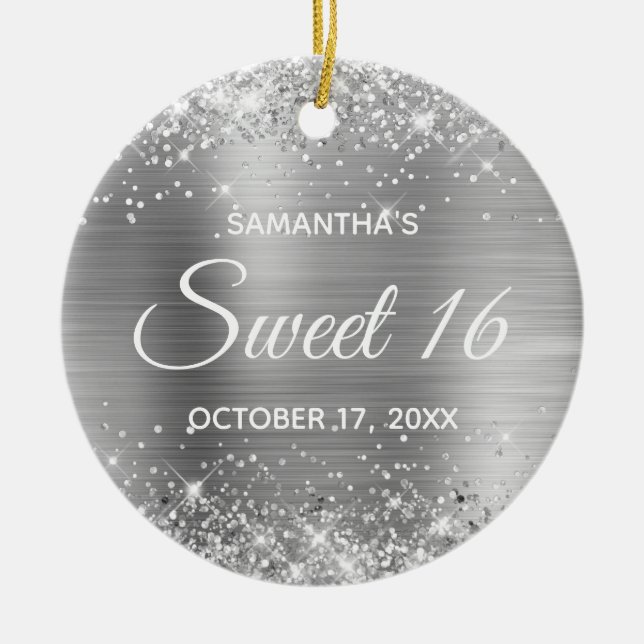 Glittery Silver Foil Sweet 16 Birthday Keramik Ornament (Vorne)
