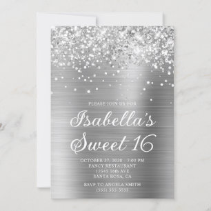 Glittery Silver Foil Sweet 16 Foto Einladung