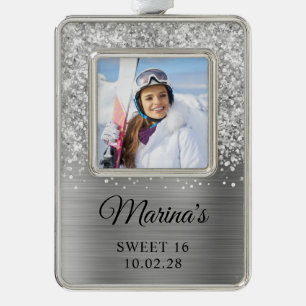 Glittery Silver Foil Sweet 16 Foto Rahmen-Ornament Silber