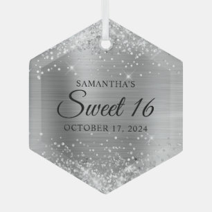 Glittery Silver Foil Sweet 16 Ornament Aus Glas