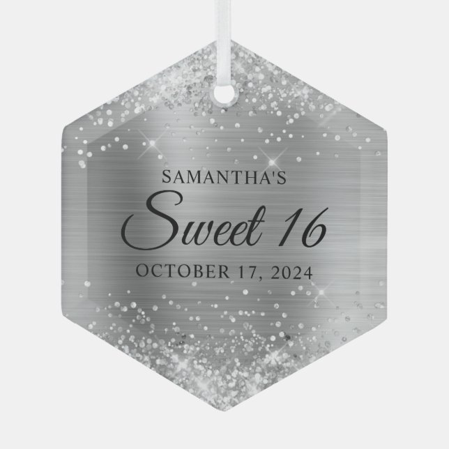 Glittery Silver Foil Sweet 16 Ornament Aus Glas (Vorderseite)