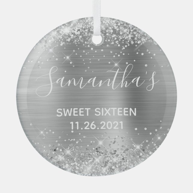 Glittery Silver Foil Sweet 16 Ornament Aus Glas (Vorderseite)