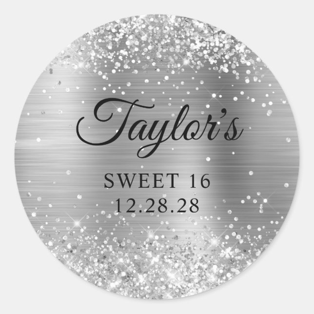 Glittery Silver Foil Sweet 16 Runder Aufkleber (Vorderseite)
