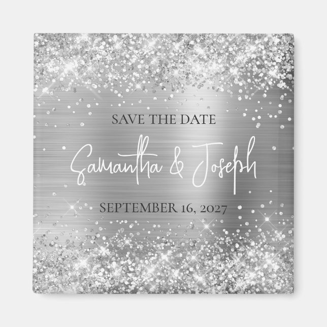 Glittery Silver Foil Wedding Save the Date Magnet (Vorne)