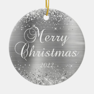 Glittery Silver Frohe Weihnachtsfamilie Foto Keramik Ornament