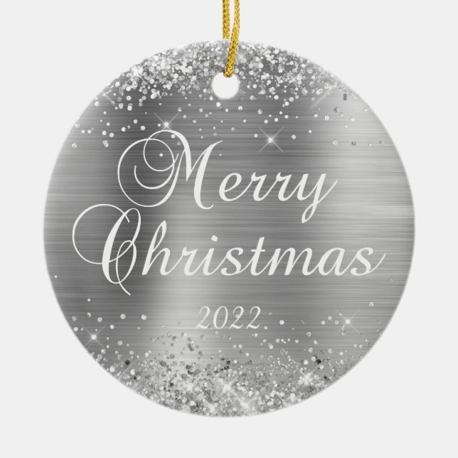 Glittery Silver Frohe Weihnachtsfamilie Foto Keramik Ornament (Vorne)