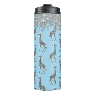 Glittery Silver Giraffe on Dreamy Blue Thermosbecher