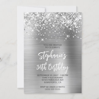 Glittery Silver Glam 30. Geburtstag Pinselschrift Einladung