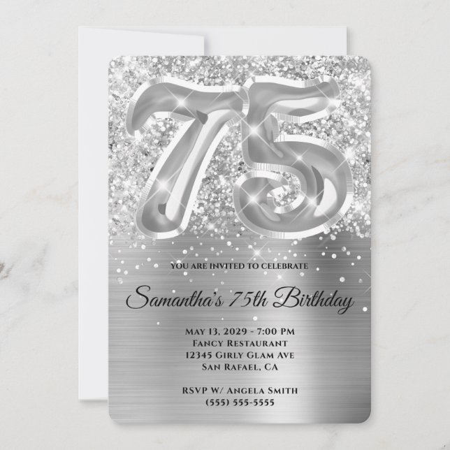 Glittery Silver Glam 75. Geburtstag Einladung (Vorderseite)