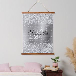 Glittery Silver Glam Extravagant Monogram Wandteppich Mit Holzrahmen
