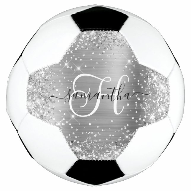 Glittery Silver Glam Monogram Fußball (Vorderseite)