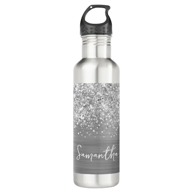 Glittery Silver Glam Name Edelstahlflasche (Vorderseite)