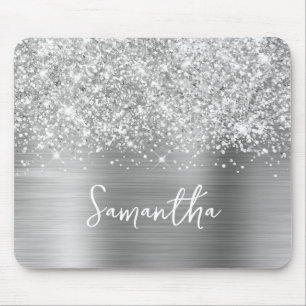 Glittery Silver Glam Name Mousepad