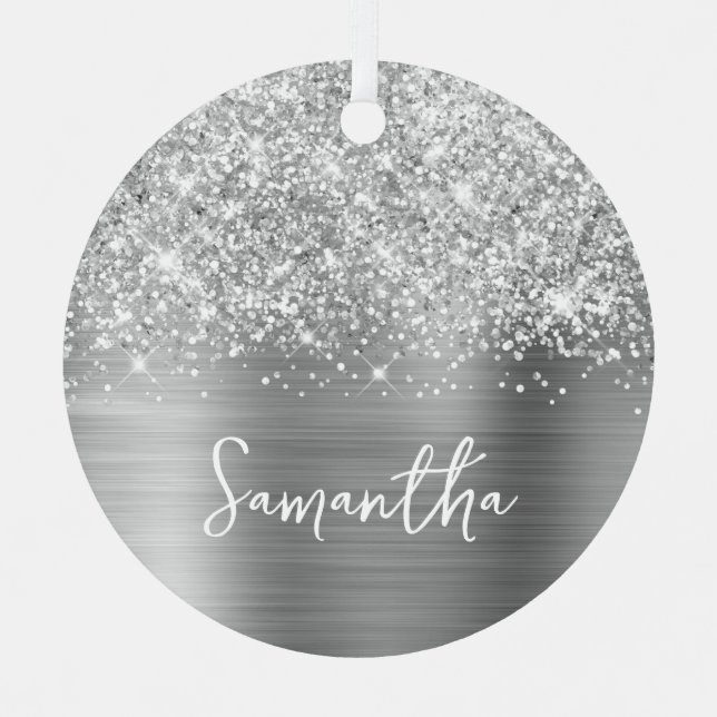 Glittery Silver Glam Name Ornament Aus Metall (Vorderseite)