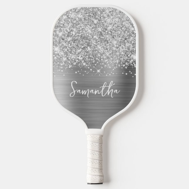 Glittery Silver Glam Name Pickleball Schläger (Vorderseite)