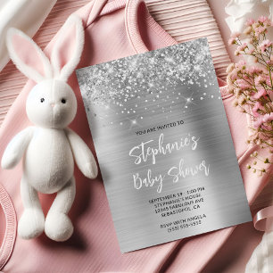 Glittery Silver Glam Online Registry Baby Dusche Einladung