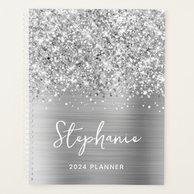 Glittery Silver Glam Personalisiert 2024 Planer (Vorderseite)