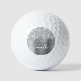 Glittery Silver Glam Script Name Golfball