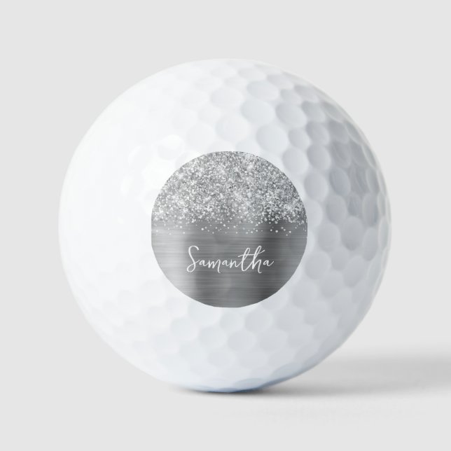 Glittery Silver Glam Script Name Golfball (Vorderseite)