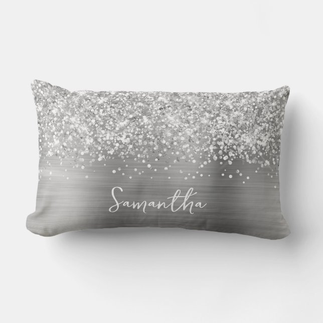 Glittery Silver Glam Script Name Lendenkissen (Vorderseite)