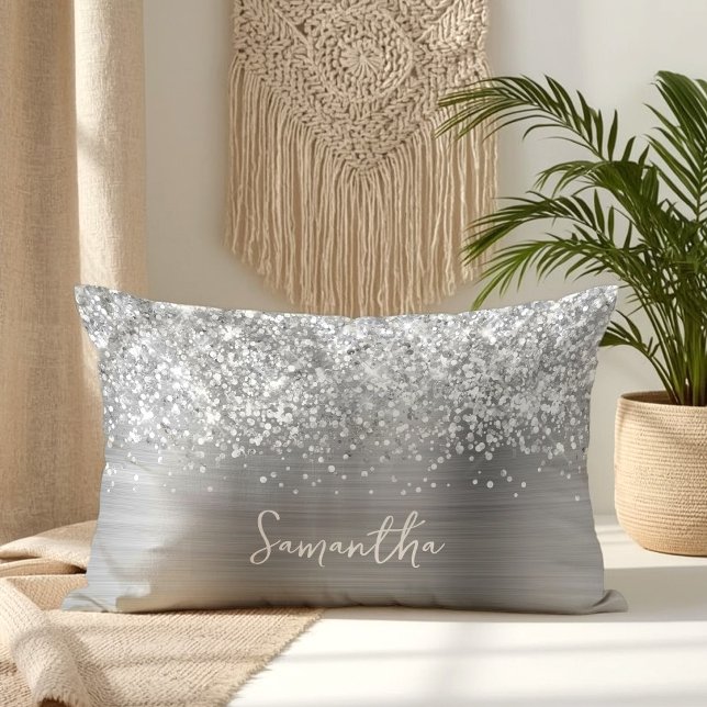 Glittery Silver Glam Script Name Lendenkissen (Glittery Silver Glam Script Name Lumbar Pillow)