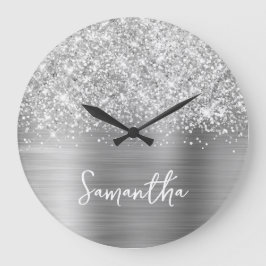 Glittery Silver Glam White Script Name Große Wanduhr