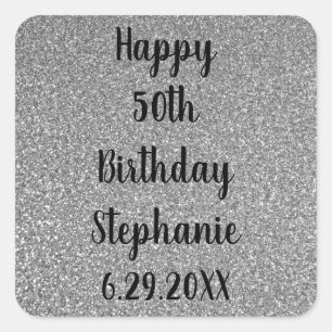 Glittery Silver Gray Custom Happy Birthday Name Quadratischer Aufkleber