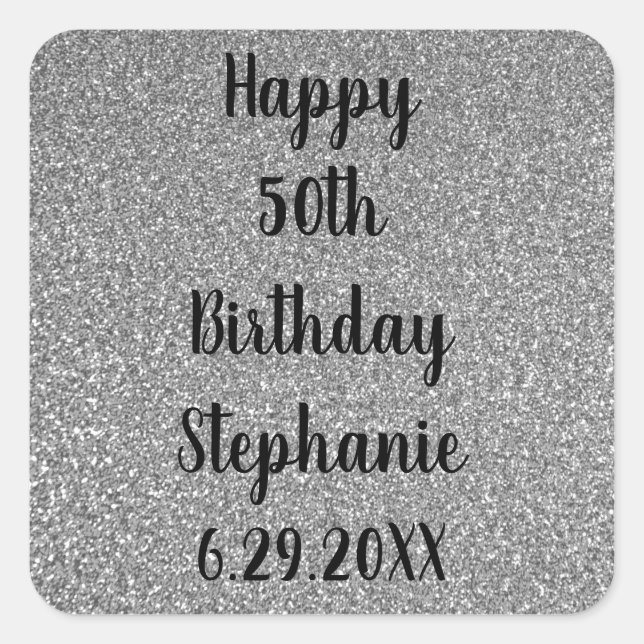 Glittery Silver Gray Custom Happy Birthday Name Quadratischer Aufkleber (Vorderseite)