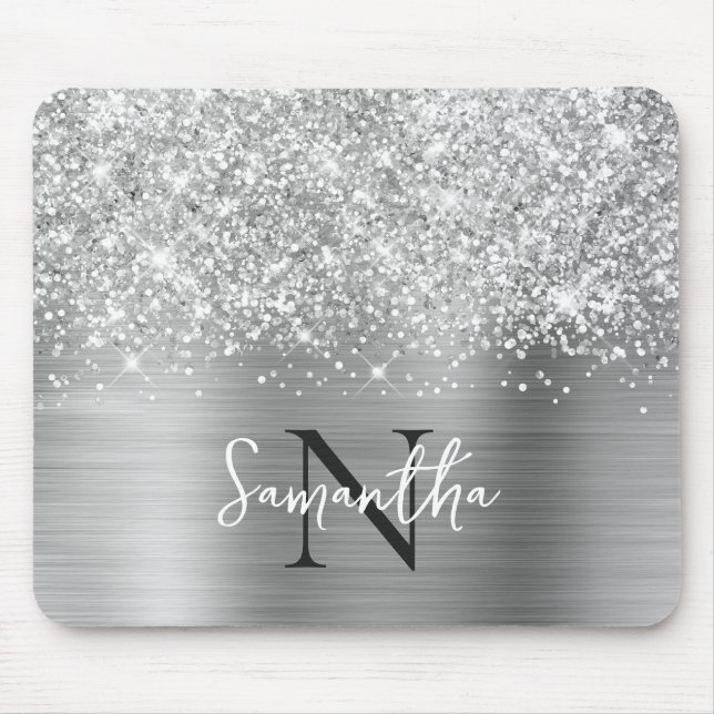 Glittery Silver Gray Glam Mit Monogramm Mousepad (Vorne)