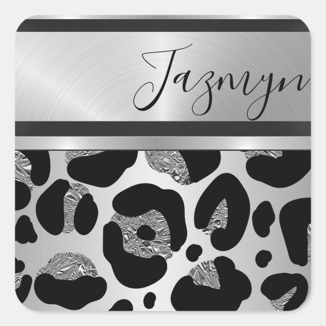 Glittery Silver Leopard Safari Print Personalisier Quadratischer Aufkleber (Vorderseite)