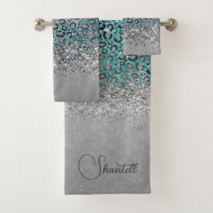 Glittery Silver Leopard Türkis Personalisiert Badhandtuch Set