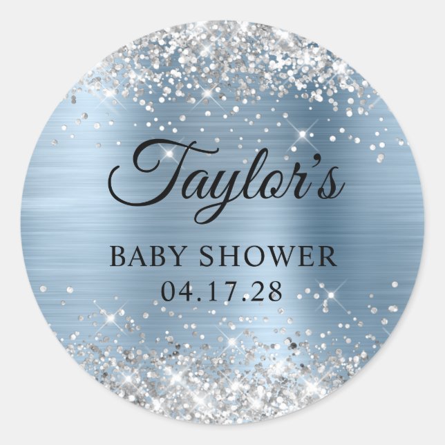 Glittery Silver Light Blue Foil Babydusche Runder Aufkleber (Vorderseite)