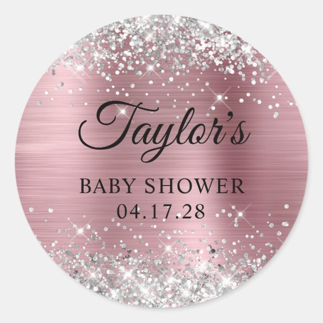 Glittery Silver Light Pink Foil Babydusche Runder Aufkleber (Vorderseite)
