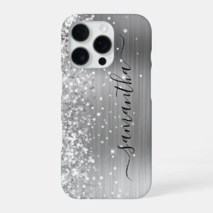Glittery Silver Metallic Girly Signature iPhone 16 Pro Hülle