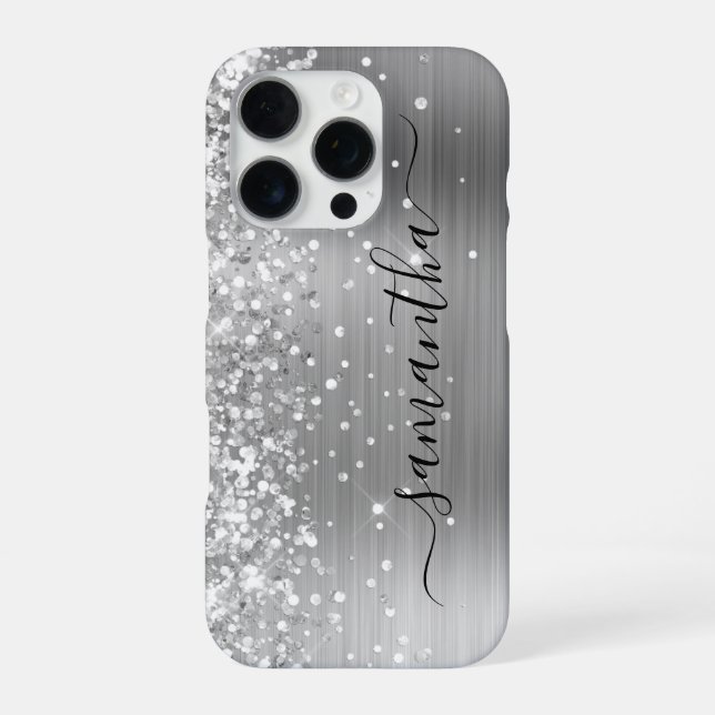 Glittery Silver Metallic Girly Signature iPhone Hülle (Rückseite)