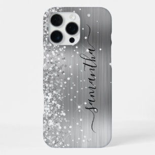 Glittery Silver Metallic Girly Signature iPhone 16 Pro Max Hülle