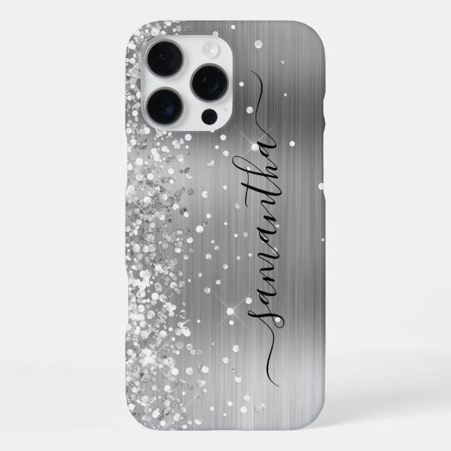 Glittery Silver Metallic Girly Signature iPhone Hülle (Rückseite)